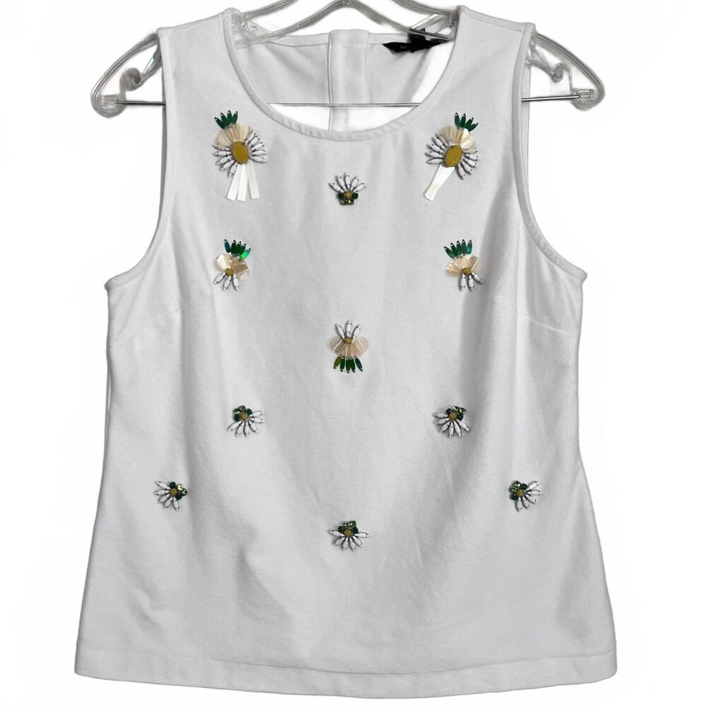 Banana Republic Beaded Pineapple Tank Top White Cotton Sleeveless Small Summer